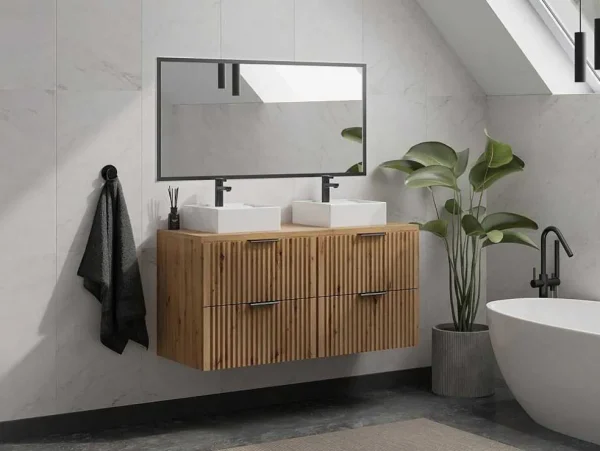 Online Gestreept Hangend Meubel Onder Wastafel Met Plank - Licht Naturel - L120 Cm - Zevara Wastafelmeubel