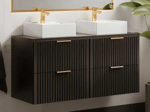 Sale Gestreept Hangmeubel Voor Badkamer Met Wastafel Om Te Plaatsen - Zwart - L120 Cm - Zevara Dubbele Wastafel