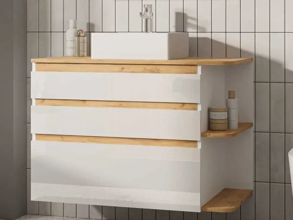 Shop Hangend Badkamermeubel Met Wastafel - Naturel En Wit - 96 Cm - Anida Badkamermeubel Met Enkele Wastafel