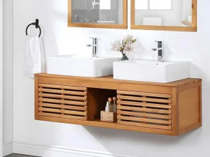 Sale Hangend Badkamermeubel Van Acaciahout Met Dubbele Wastafel En Spiegels - 130 Cm - Penebel Dubbele Wastafel