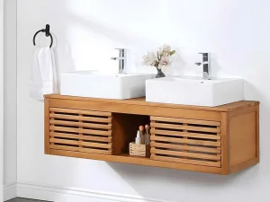 Online Hangend Badkamermeubel Van Acaciahout Met Dubbele Wastafel - 130 Cm - Penebel Dubbele Wastafel