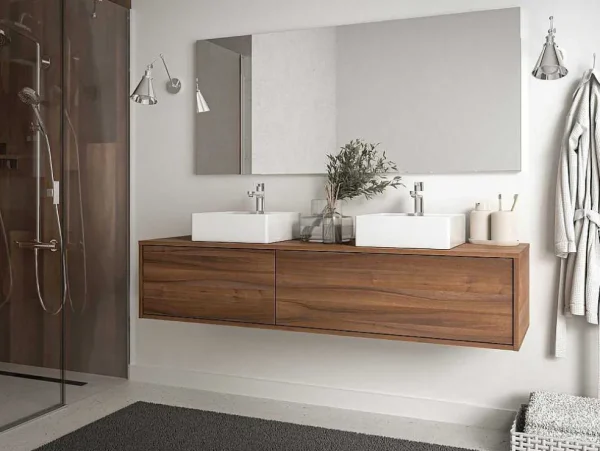 Best Sale Hangend Badmeubel Met Donker Natuurlijke Kleur En Dubbele Wastafel - L150 Cm - Isaure Ii Dubbele Wastafel