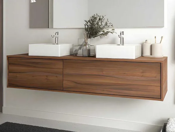 Best Sale Hangend Badmeubel Met Donker Natuurlijke Kleur En Dubbele Wastafel - L150 Cm - Isaure Ii Dubbele Wastafel