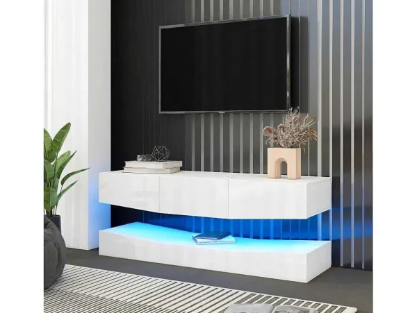 New Hangend Tv-Meubel - Glanzend Gelakt - Led'S - Spaanplaat - Wit Tv-Meubel