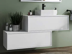 Best Hangende Badkamerkast In Wit Met Enkele Wastafel En Twee Lades - 94 Cm - Teana Ii Badkamermeubel Met Enkele Wastafel