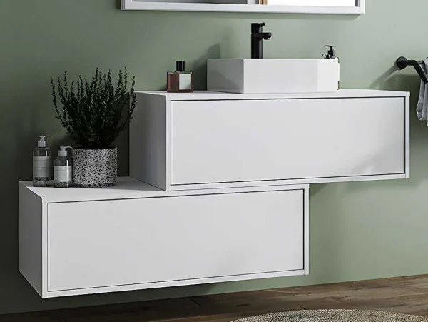 Best Hangende Badkamerkast In Wit Met Enkele Wastafel En Twee Lades - 94 Cm - Teana Ii Badkamermeubel Met Enkele Wastafel