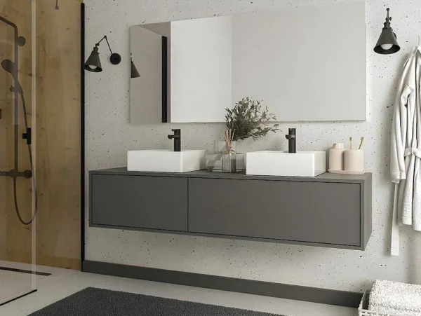 Store Hangende Badkamermeubel In Antracietgrijze Kleur Met Dubbele Wastafel - L150 Cm - Isaure Ii Dubbele Wastafel