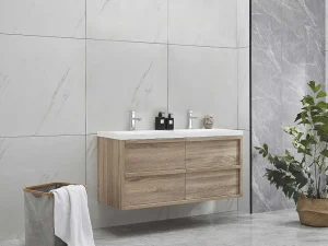 Best Hangmeubel Voor Badkamer Met Inbouwwastafel - Licht Naturel - 120 Cm - Quadra Dubbele Wastafel