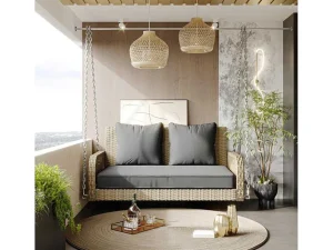Online Hangstoel In Geweven Hars - Tuinschommel - 2 Plaatsen - Met Kussens - Beige & Grijs Hangstoel