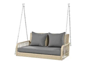 Online Hangstoel In Geweven Hars - Tuinschommel - 2 Plaatsen - Met Kussens - Beige & Grijs Hangstoel