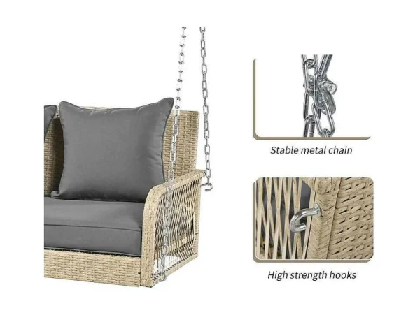 Online Hangstoel In Geweven Hars - Tuinschommel - 2 Plaatsen - Met Kussens - Beige & Grijs Hangstoel