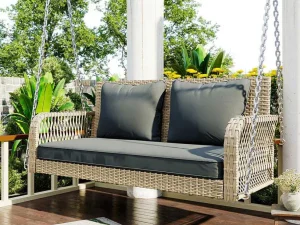 Online Hangstoel In Geweven Hars - Tuinschommel - 2 Plaatsen - Met Kussens - Beige & Grijs Hangstoel