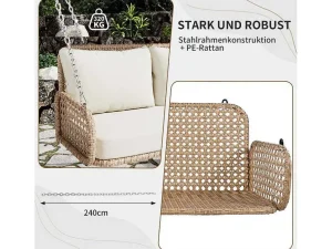 Best Sale Hangstoel Van 240 Cm In Pe Rotan - 2 Plaatsen - Inclusief Kussens - Beige Hangstoel