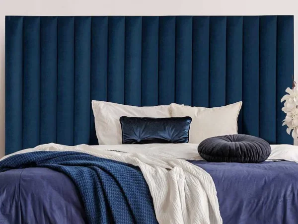 Clearance Hoofdeinde Sarah Met Verticale Naden - 160 Cm - Fluweel - Donkerblauw Hoofdeinde En Brugkast