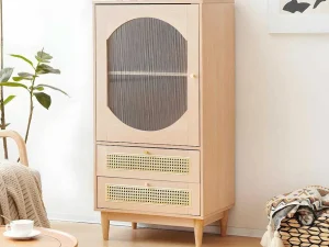 Cheap Hoog Dressoir Met 1 Transparante Acryldeur En 2 Rotan Lades - Landelijke Stijl - Naturel Buffetkast
