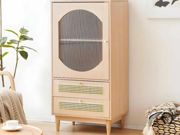 Cheap Hoog Dressoir Met 1 Transparante Acryldeur En 2 Rotan Lades - Landelijke Stijl - Naturel Buffetkast