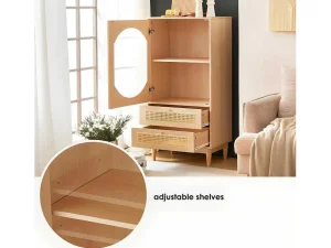 Cheap Hoog Dressoir Met 1 Transparante Acryldeur En 2 Rotan Lades - Landelijke Stijl - Naturel Buffetkast