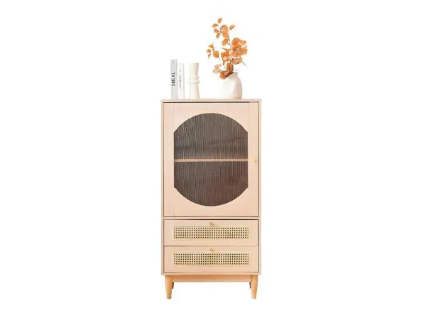 Cheap Hoog Dressoir Met 1 Transparante Acryldeur En 2 Rotan Lades - Landelijke Stijl - Naturel Buffetkast