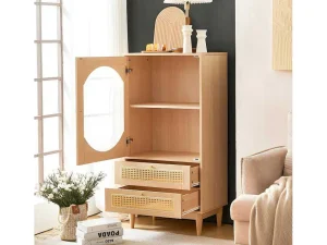 Cheap Hoog Dressoir Met 1 Transparante Acryldeur En 2 Rotan Lades - Landelijke Stijl - Naturel Buffetkast