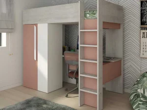 Cheap Hoogslaper - 90 X 200 Cm - Met Kast En Bureau - Roze En Wit + Matras -Nicolas Kinderbed Hoogslaper