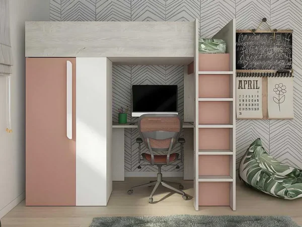 Cheap Hoogslaper - 90 X 200 Cm - Met Kast En Bureau - Roze En Wit - Nicolas Kinderbed Hoogslaper