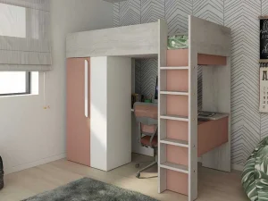 Cheap Hoogslaper - 90 X 200 Cm - Met Kast En Bureau - Roze En Wit + Matras -Nicolas Kinderbed Hoogslaper