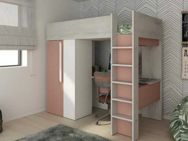 Cheap Hoogslaper - 90 X 200 Cm - Met Kast En Bureau - Roze En Wit + Matras -Nicolas Kinderbed Hoogslaper