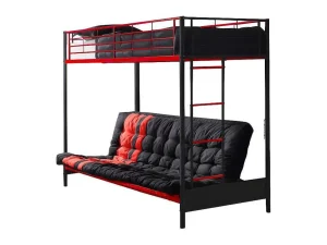 Discount Hoogslaper 90 X 190 Cm - Met Slaapbank - Metaal - Zwart En Rood + Futon + Matras - Modulo V Kinderbed Hoogslaper