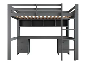Outlet Hoogslaper 90 X 200 Cm Met Bureau, Boekenkast, Lades En Ladder, Mdf Hout, Grijs Kinderbed Hoogslaper