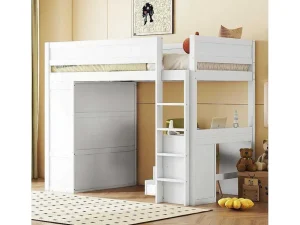 Clearance Hoogslaper 90 X 200 Cm Met Bureau + 2 Laden - Kledingkast Met Schuifdeur - Mdf Hout - Wit Kinderbed