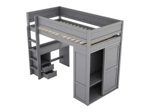 Online Hoogslaper 90 X 200 Cm Met Bureau + 2 Laden - Kledingkast Met Schuifdeur - Mdf Hout - Grijs Kinderbed Hoogslaper