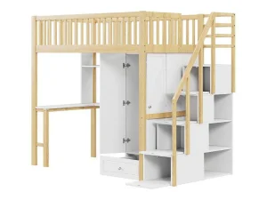 Cheap Hoogslaper 90 X 200 Cm Met Grote Kledingkast, Bureau, Boekenkast, Trap En Lades, Alles-In-Een, Mdf Hout, Wit + Eiken Kinderbed Hoogslaper