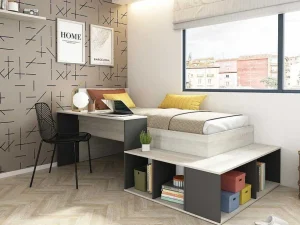 Outlet Hoogslaper 90 X 200 Cm Met Opbergruimte En Bureau - Kleur: Naturel En Antraciet - Rigali Kinderbed
