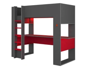 Online Hoogslaper Gamer Noah Met Bureau En Opbergruimtes - 90 X 200 Cm - Met Led'S - Antraciet En Rood + Matras Kinderbed Hoogslaper