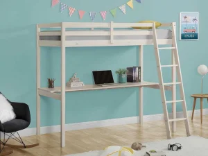 Shop Hoogslaper Gedeon - 90 X 190 Cm - Met Bureau - Massief Grenen - Gebleekt Kinderbed Hoogslaper