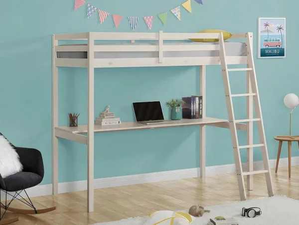 Shop Hoogslaper Gedeon - 90 X 190 Cm - Met Bureau - Massief Grenen - Gebleekt Kinderbed Hoogslaper