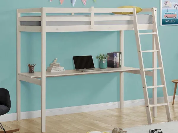 Shop Hoogslaper Gedeon - 90 X 190 Cm - Met Bureau - Massief Grenen - Gebleekt Kinderbed Hoogslaper
