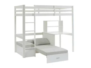 Discount Hoogslaper Goliath Ii Met Bureau, Bedbank En Opbergruimte - 90 X 200 Cm - Massief Grenen - Gebleekt Kinderbed