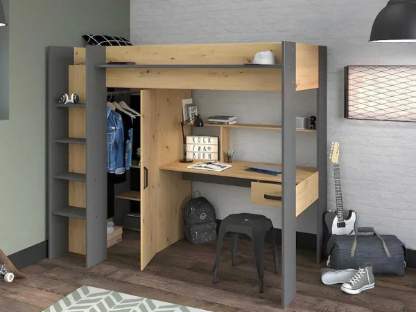 Cheap Hoogslaper Met Bureau En Kast - 90X200Cm - Naturel En Antraciet - Auckland Kinderbed Hoogslaper