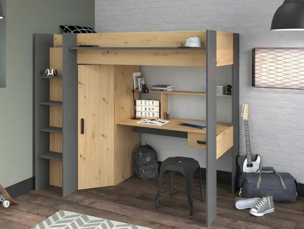 Cheap Hoogslaper Met Bureau En Kast - 90X200Cm - Naturel En Antraciet - Auckland Kinderbed Hoogslaper