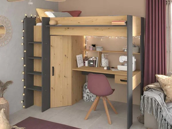 Cheap Hoogslaper Met Bureau En Kast - 90X200Cm - Naturel En Antraciet - Auckland Kinderbed Hoogslaper