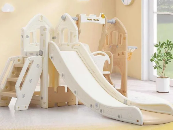 Best Sale 5 In 1 Glijbaan - Met Trap, Schommel, Opbergruimte, Basketbalring - Lichtgeel Spel Voor Buiten