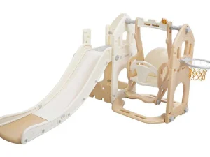 Best Sale 5 In 1 Glijbaan - Met Trap, Schommel, Opbergruimte, Basketbalring - Lichtgeel Spel Voor Buiten