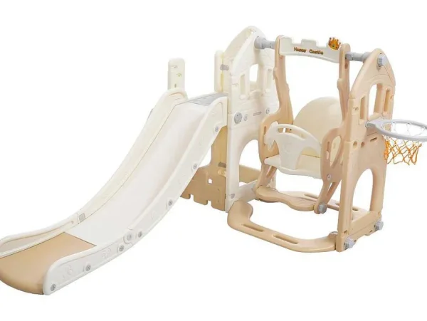 Best Sale 5 In 1 Glijbaan - Met Trap, Schommel, Opbergruimte, Basketbalring - Lichtgeel Spel Voor Buiten
