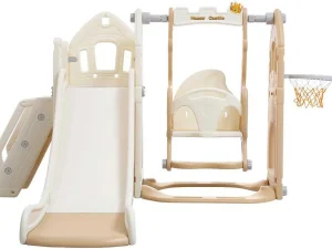 Best Sale 5 In 1 Glijbaan - Met Trap, Schommel, Opbergruimte, Basketbalring - Lichtgeel Spel Voor Buiten