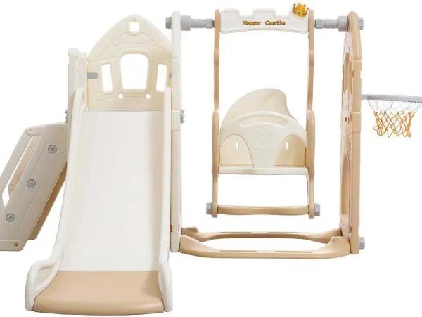 Best Sale 5 In 1 Glijbaan - Met Trap, Schommel, Opbergruimte, Basketbalring - Lichtgeel Spel Voor Buiten