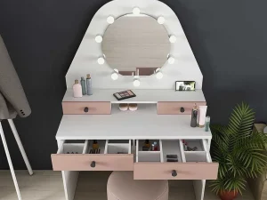 Shop Kaptafel Gabriela - Spiegel Met Ledverlichting En Opbergruimtes - Wit En Roze Kaptafels