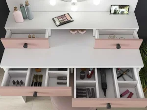 Shop Kaptafel Gabriela - Spiegel Met Ledverlichting En Opbergruimtes - Wit En Roze Kaptafels
