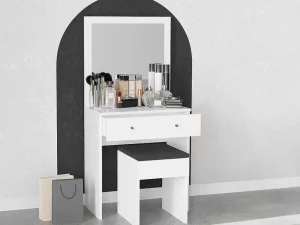 Cheap Kaptafel Met Spiegel En Kruk - 1 Lade - Wit - Abonia Kaptafels