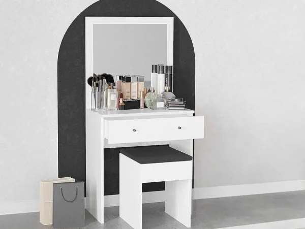 Cheap Kaptafel Met Spiegel En Kruk - 1 Lade - Wit - Abonia Kaptafels